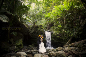 bride and groom by waterfall in el yunque rain forest